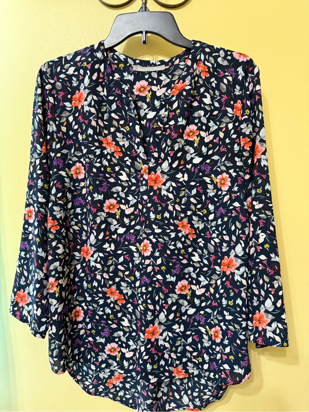Daniel Rainn Navy Floral Blouse with Pink & Coral Accents